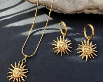 Boho sun earrings with gold chain // Statement jewelry set | Festival ethnic hippie style | Summer hoop earrings