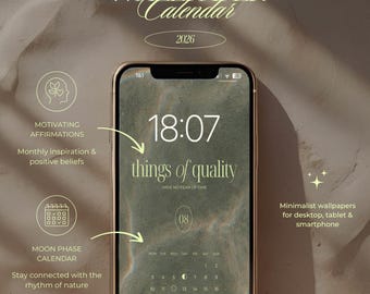 2026 Digital Wallpaper Calendar // Minimalist Monthly Wallpapers | Moon Phases, Affirmations | Desktop & Mobile Background