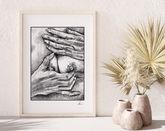 Intimate Touch Poster Breasts // hand-drawn black and white illustration sensual art print, wall decoration