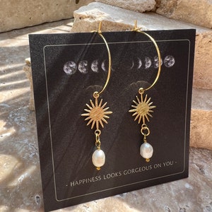 Sun Hoop Earrings with Freshwater Pearl Boho Gold // Summer Jewelry | Festival Accessory | Ethno Hippie Style Antique