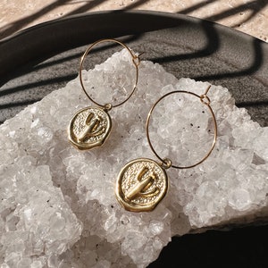 Cactus Coin Hoop Earrings Gold, Silver // Desert, Western, Antique