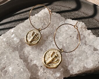 Cactus coin hoop earrings gold, silver // brass earrings, design jewelry, modern shape, antique