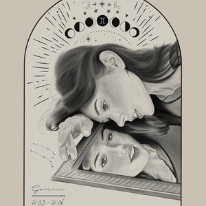 Cartel signo zodiacal Géminis, ilustración // astrología, regalo, decoración pared, boho, arte Nein