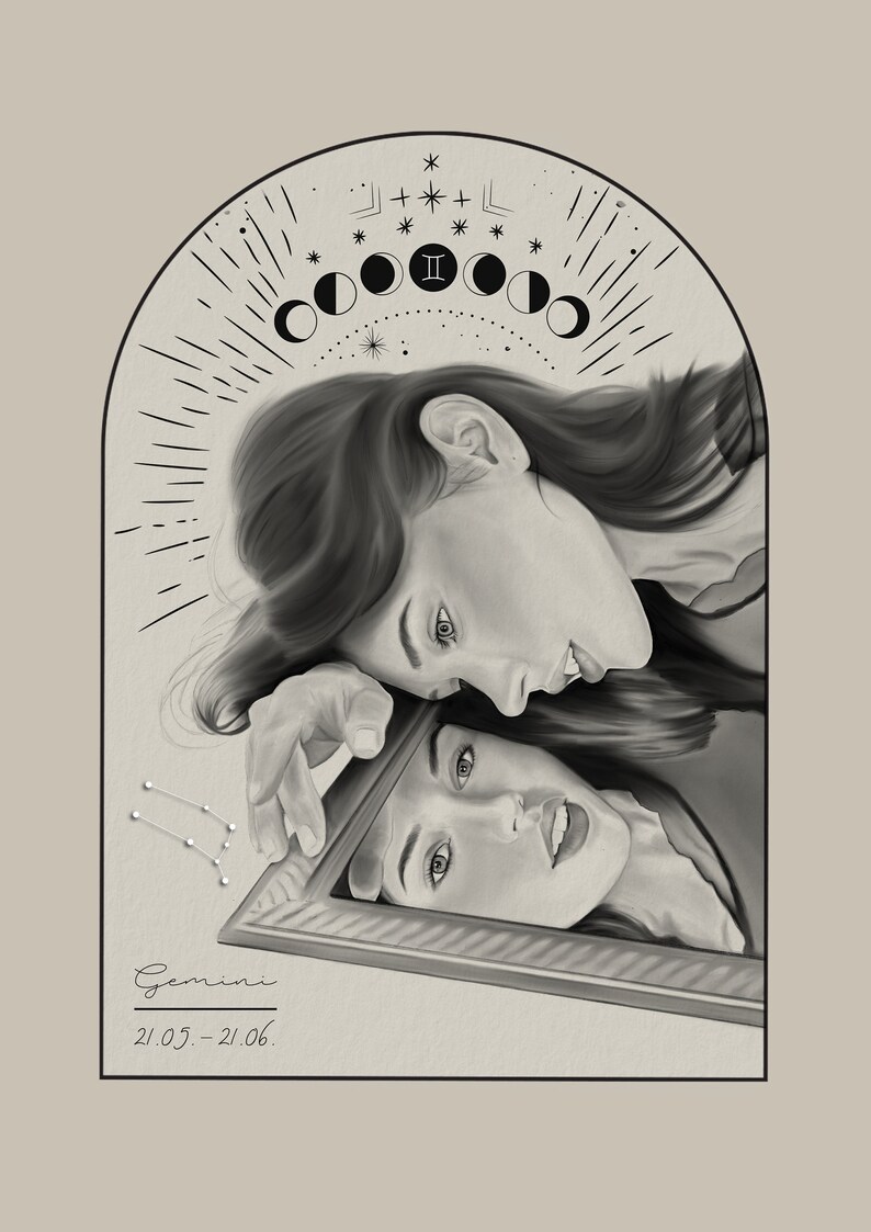 Cartel signo zodiacal Géminis, ilustración // astrología, regalo, decoración pared, boho, arte Nein