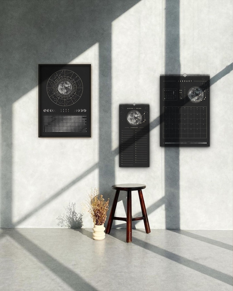 Månkalender 2027 Svart // Minimalistisk väggkalender, månfasposter, astrologikalender Boho, stjärnteckendekor, present bild 8
