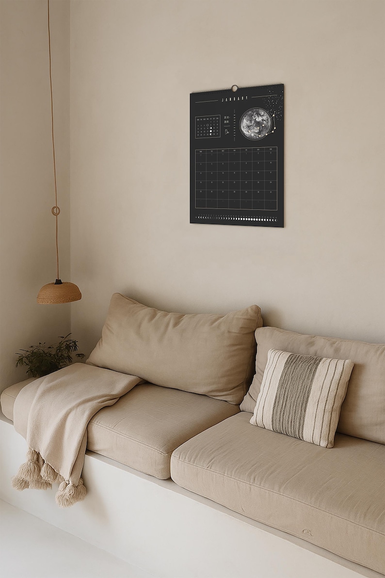 Månkalender 2027 Svart // Minimalistisk väggkalender, månfasposter, astrologikalender Boho, stjärnteckendekor, present bild 4