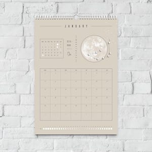 Kalendarz księżycowy 2026 Beżowy // Minimalistyczny kalendarz ścienny, plakat z fazami księżyca, kalendarz astrologiczny Boho, dekoracja ze znakiem zodiaku, sztuka ścienna z pełnią księżyca zdjęcie 11