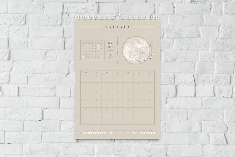Kalendarz księżycowy 2026 Beżowy // Minimalistyczny kalendarz ścienny, plakat z fazami księżyca, kalendarz astrologiczny Boho, dekoracja ze znakiem zodiaku, sztuka ścienna z pełnią księżyca zdjęcie 11