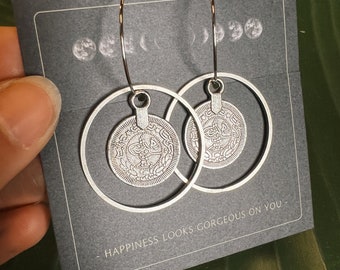Coin Hoop Earrings Silver Boho Round // antique, statement jewelry, Celtic