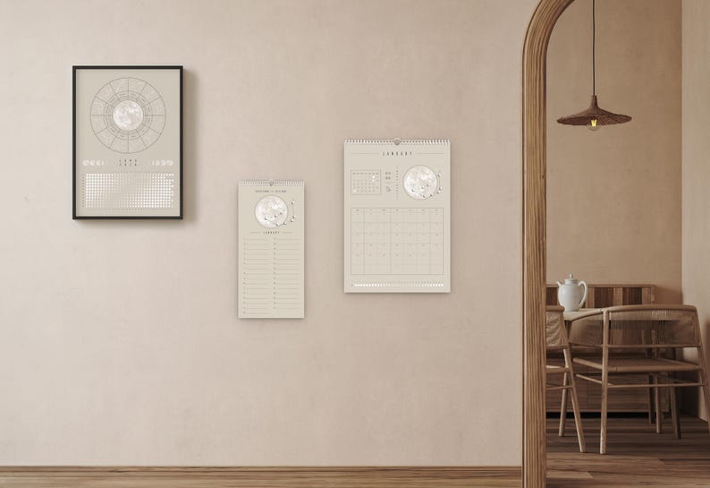 Kalendarz księżycowy 2026 Beżowy // Minimalistyczny kalendarz ścienny, plakat z fazami księżyca, kalendarz astrologiczny Boho, dekoracja ze znakiem zodiaku, sztuka ścienna z pełnią księżyca zdjęcie 4