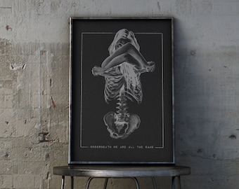 Póster con impresión artística de esqueleto anatómico // Ilustración mística en blanco y negro // Dibujo a mano en formato A4/A3 con rieles para póster