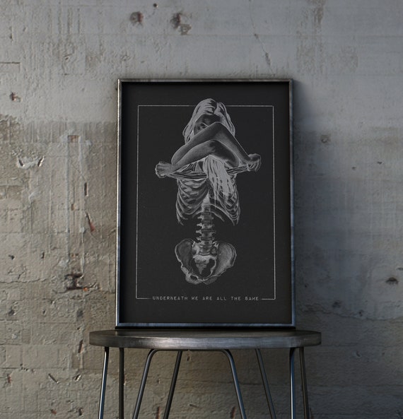 Anatomie Skelett Poster A4/A3 // Handgezeichnete Schwarz Weiß Illustration // Gothic Kunst Druck | Dark Art Wanddeko Geschenk