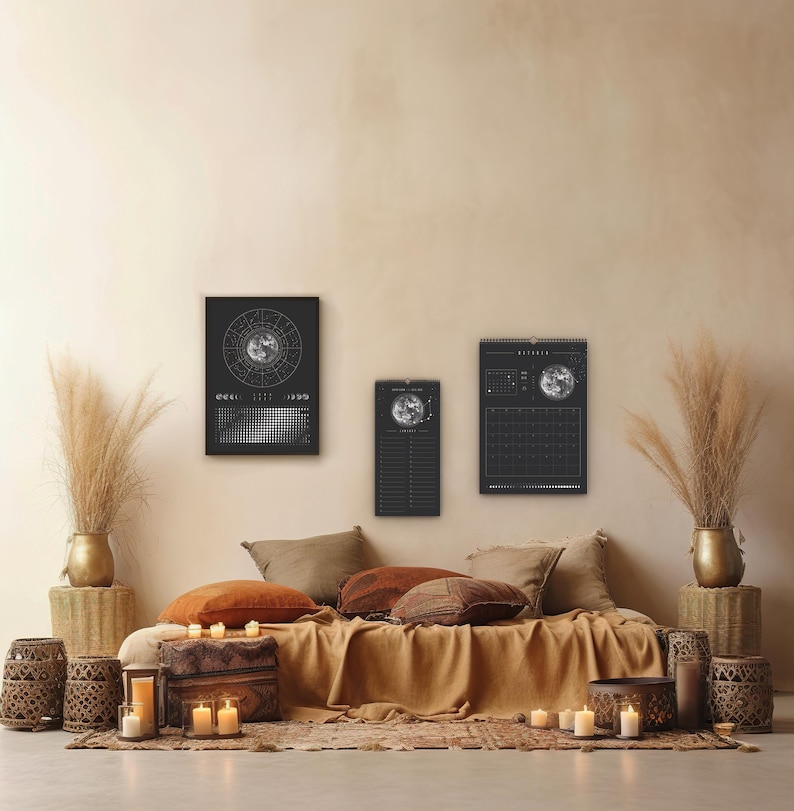 Månkalender 2027 Svart // Minimalistisk väggkalender, månfasposter, astrologikalender Boho, stjärnteckendekor, present bild 11