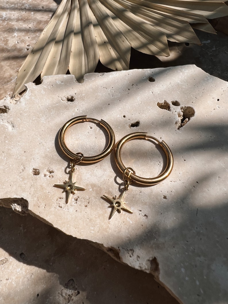 Hoop earrings compass needle star boho // earrings gold, design jewelry, modern shape image 3