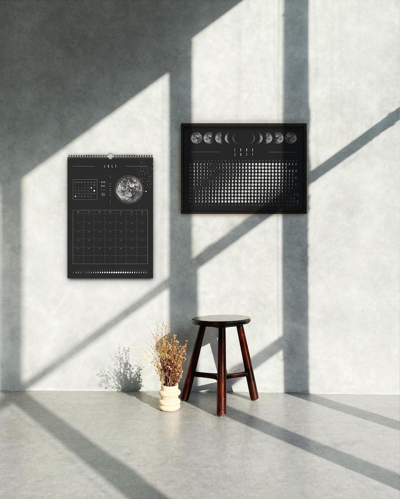 Månkalender 2027 Svart // Minimalistisk väggkalender, månfasposter, astrologikalender Boho, stjärnteckendekor, present bild 18