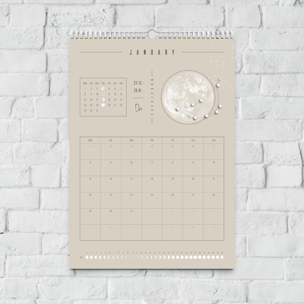 Mondkalender 2024 Beige // Wandaufhängung Mondphasen, Astrologie, Wandkalender, Terminkalender, Jahresplaner, Deko, Boho