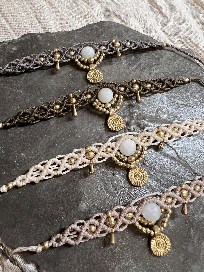 Moonstone macrame chain choker // sun, brass, gold, design jewellery, unique, boho, antique, adjustable image 5