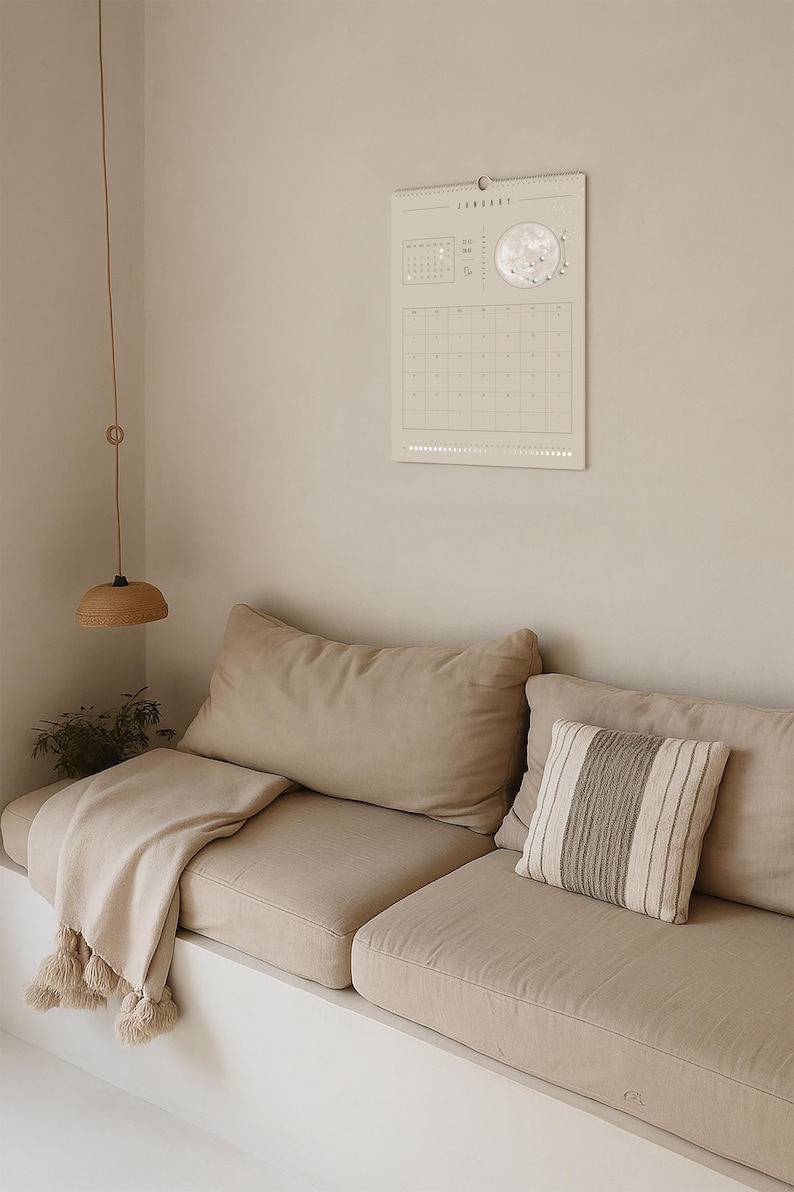 Kalendarz księżycowy 2026 Beżowy // Minimalistyczny kalendarz ścienny, plakat z fazami księżyca, kalendarz astrologiczny Boho, dekoracja ze znakiem zodiaku, sztuka ścienna z pełnią księżyca zdjęcie 3