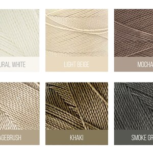 Puede incluir: Seis colores diferentes de hilo, incluyendo blanco natural, beige claro, moca, salvia, caqui y gris humo.
