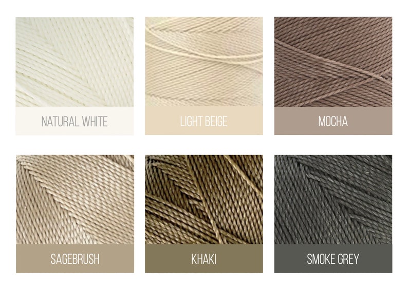 Puede incluir: Seis colores diferentes de hilo, incluyendo blanco natural, beige claro, moca, salvia, caqui y gris humo.