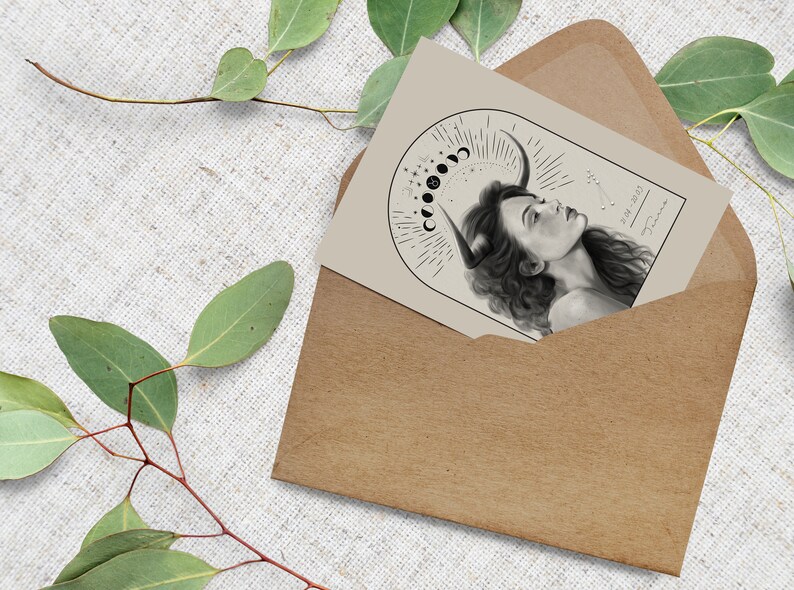 K&ouml;nnte beinhalten: Eine beige Karte mit einer Schwarzwei&szlig;illustration einer Frau mit H&ouml;rnern und einem Halbmond &uuml;ber ihrem Kopf. Die Karte tr&auml;gt den Text "Taurus" und "April 20 - May 20".