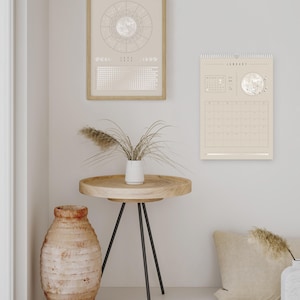 Kalendarz księżycowy 2026 Beżowy // Minimalistyczny kalendarz ścienny, plakat z fazami księżyca, kalendarz astrologiczny Boho, dekoracja ze znakiem zodiaku, sztuka ścienna z pełnią księżyca zdjęcie 6