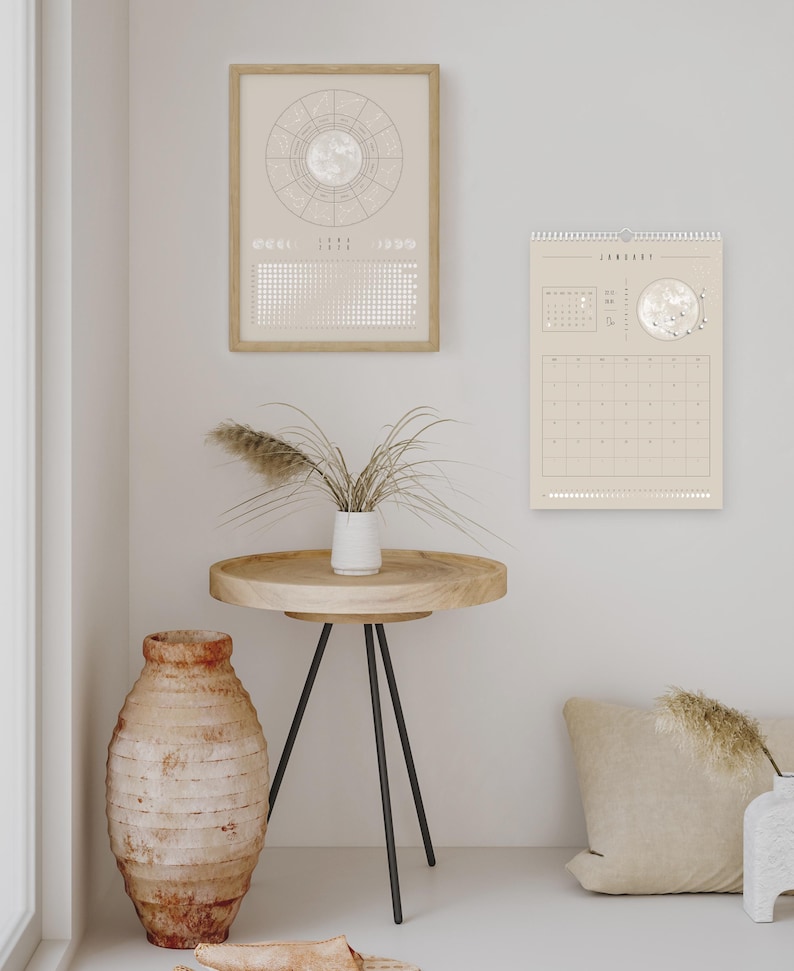Kalendarz księżycowy 2026 Beżowy // Minimalistyczny kalendarz ścienny, plakat z fazami księżyca, kalendarz astrologiczny Boho, dekoracja ze znakiem zodiaku, sztuka ścienna z pełnią księżyca zdjęcie 6