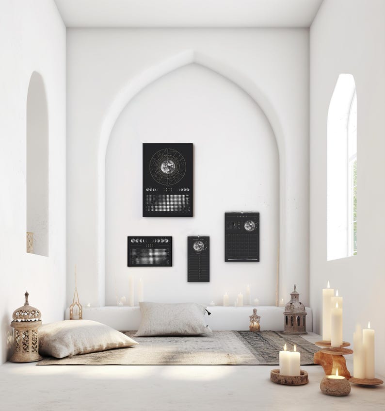 Månkalender 2027 Svart // Minimalistisk väggkalender, månfasposter, astrologikalender Boho, stjärnteckendekor, present bild 15