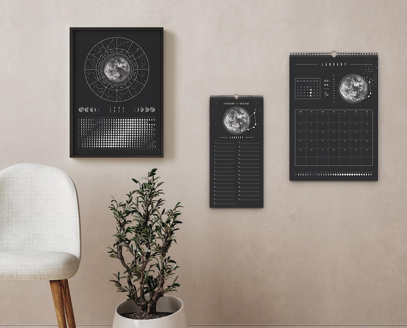 Månkalender 2027 Svart // Minimalistisk väggkalender, månfasposter, astrologikalender Boho, stjärnteckendekor, present bild 7