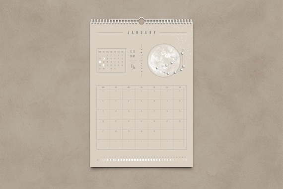 Mondkalender 2026 Beige // Minimalistischer Wandkalender, Mondphasen Poster, Astrologie Kalender Boho, Sternzeichen Deko, Vollmond Wandkunst