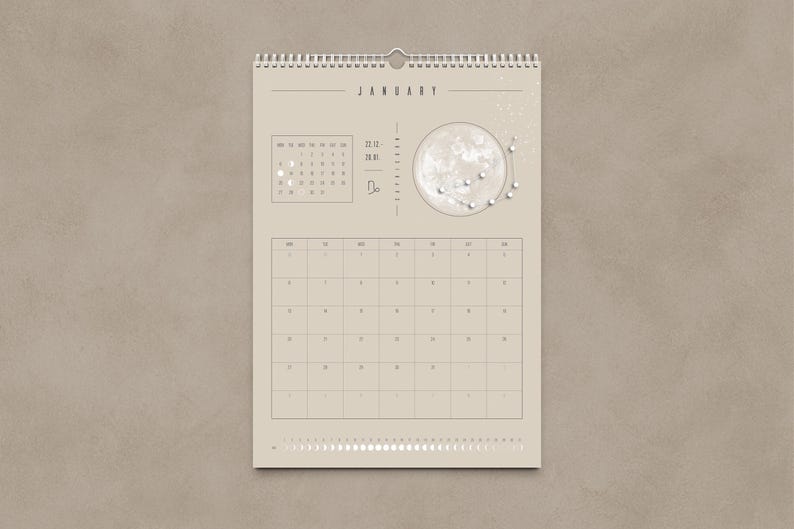 Kalendarz księżycowy 2026 Beżowy // Minimalistyczny kalendarz ścienny, plakat z fazami księżyca, kalendarz astrologiczny Boho, dekoracja ze znakiem zodiaku, sztuka ścienna z pełnią księżyca zdjęcie 1
