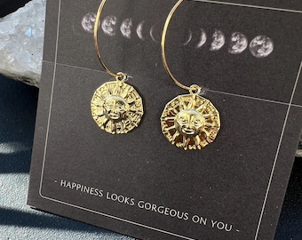 Gold Boho Sunflower Hoop Earrings // Statement Jewelry Set | Ethnic Hippie Style | Festival Accessory | Gift for Women