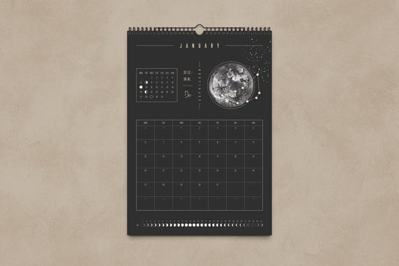 Mondkalender 2026 Schwarz // Minimalistischer Wandkalender, Mondphasen Poster, Astrologie Kalender Boho, Sternzeichen Deko, Geschenk