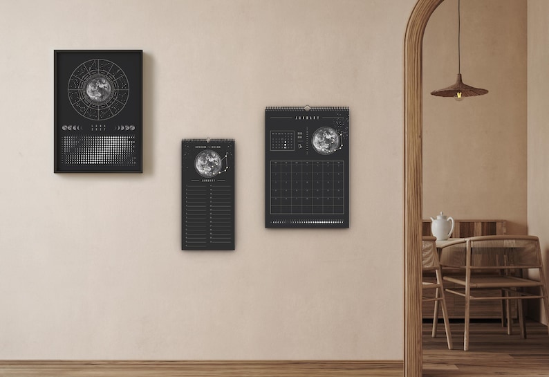 Månkalender 2027 Svart // Minimalistisk väggkalender, månfasposter, astrologikalender Boho, stjärnteckendekor, present bild 5