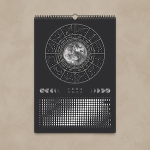Månkalender 2027 Svart // Minimalistisk väggkalender, månfasposter, astrologikalender Boho, stjärnteckendekor, present bild 3