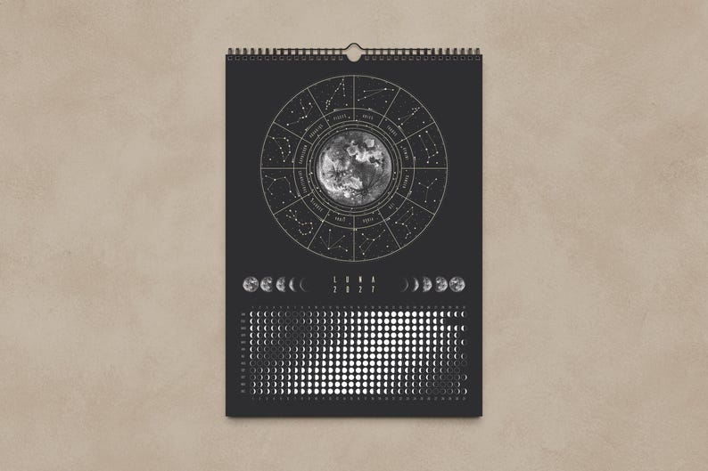 Månkalender 2027 Svart // Minimalistisk väggkalender, månfasposter, astrologikalender Boho, stjärnteckendekor, present bild 3