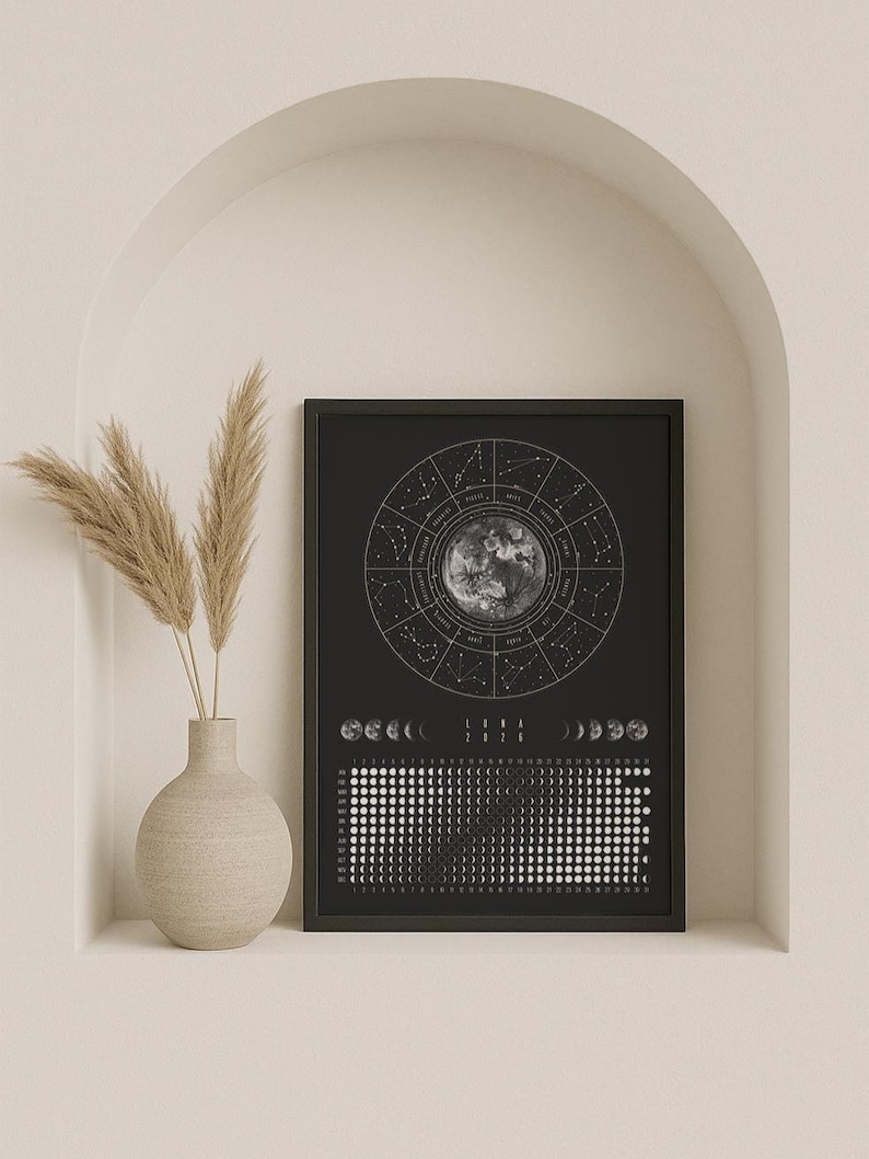 Moon Calendar 2026 Poster Black // Boho Wall Calendar with Moon Phases & Zodiac Signs | Astrology Wall Decor, Spiritual Gift Mindfulness image 3