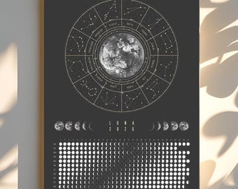 Moon Calendar 2026 Poster Digital Download | Moon Phases & Zodiac Signs, Astrology Calendar, Boho Wall Decor, Spiritual Wall Calendar