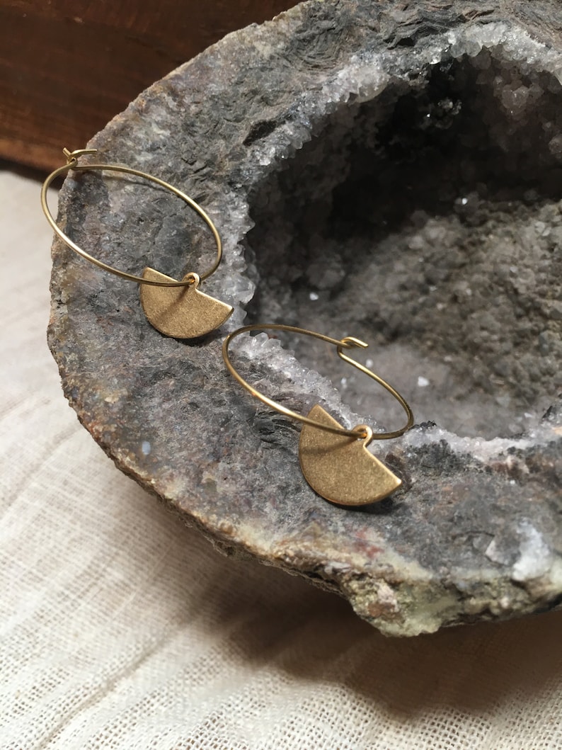 Half moon hoop earrings brass // earrings gold, design jewelry, modern shape, antique image 3