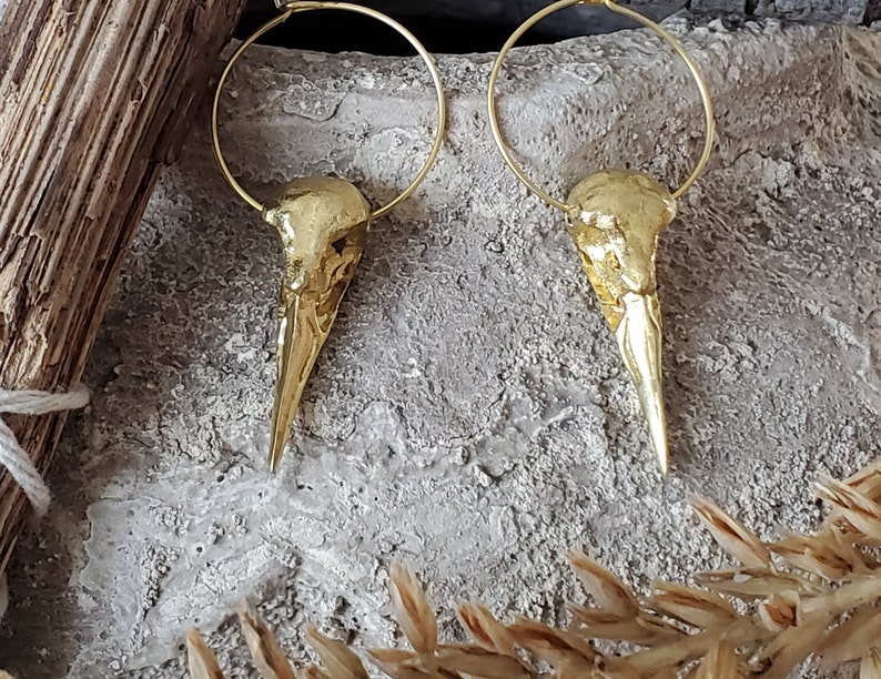 Hoop earrings bird skull // earrings antique jewelry, unique, boho, gold, silver, Celtic, Viking image 5