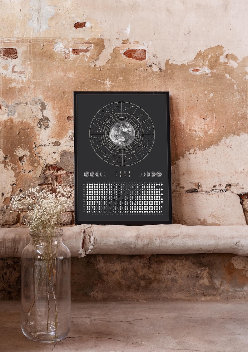 Moon Calendar 2026 Poster Black // Boho Wall Calendar with Moon Phases & Zodiac Signs | Astrology Wall Decor, Spiritual Gift Mindfulness image 2