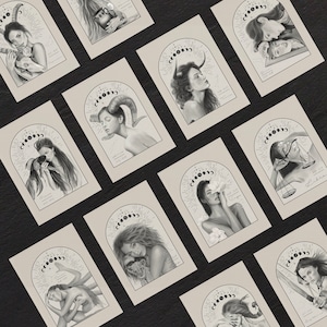 Zodiac Set Cartes postales Cadeau d’anniversaire // Illustration du zodiaque Astrologie Phases de lune Décor Carte de vœux Luna Boho Art