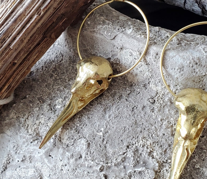 Hoop earrings bird skull // earrings antique jewelry, unique, boho, gold, silver, Celtic, Viking image 4