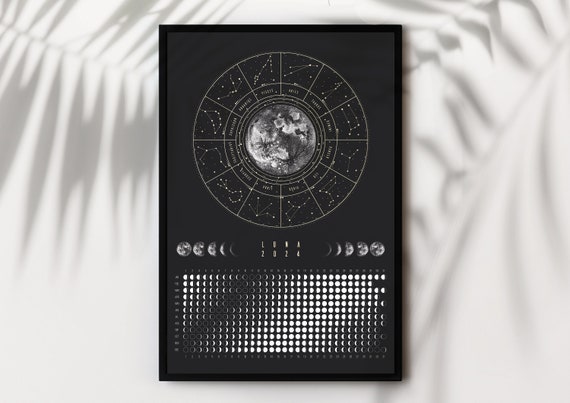 Calendario Lunar 2024. Diseño De Calendario Astrológico. Planificador.  Lugar Para Pegatinas. Maqueta Del Planificador De Ciclo Mensual. Fondo  Blanco Y Negro Aislado Ilustraciones svg, vectoriales, clip art vectorizado  libre de derechos. Image