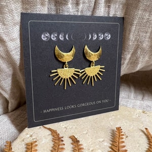 Sun and moon earrings studs brass // gold, simple, design jewelry, modern shape, antique