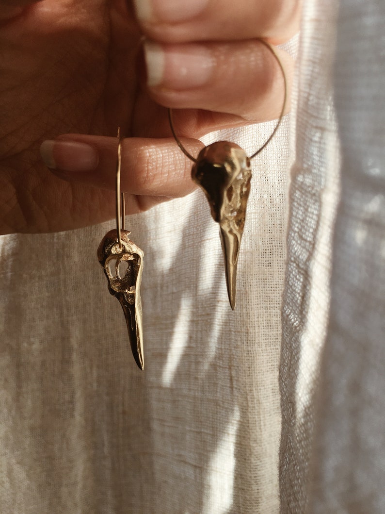 Hoop earrings bird skull // earrings antique jewelry, unique, boho, gold, silver, Celtic, Viking image 3