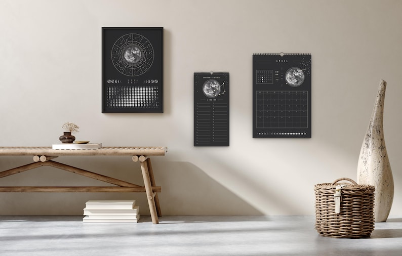 Månkalender 2027 Svart // Minimalistisk väggkalender, månfasposter, astrologikalender Boho, stjärnteckendekor, present bild 14