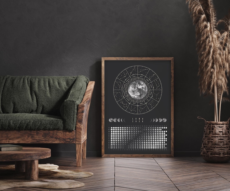 Moon Calendar 2026 Poster Black // Boho Wall Calendar with Moon Phases & Zodiac Signs | Astrology Wall Decor, Spiritual Gift Mindfulness image 9