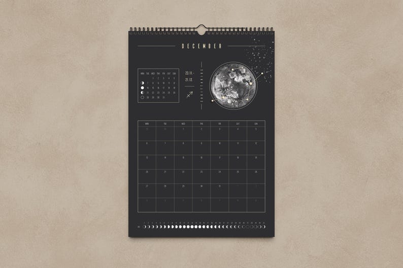 Månkalender 2027 Svart // Minimalistisk väggkalender, månfasposter, astrologikalender Boho, stjärnteckendekor, present bild 1