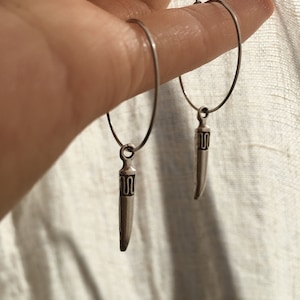 Silver Hoop Earrings Boho // Horn Tip Pendant | Antique Minimalist Statement Jewelry | Festival Accessory Ethno